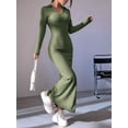 thumbnail image 4 of Women'S Casual Long Sleeve Collar V Neck Maxi Sweater Dress Slit Thigh Ribbed Knit Bodycon Pencil Dresses Green L, 4 of 9