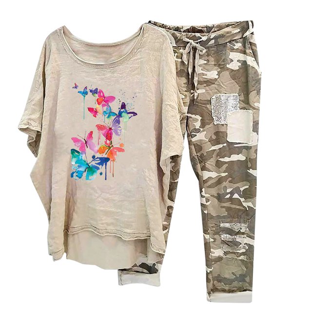 Ensembles d'Été 2 Pcs pour Femmes Imprimé Col Rond Manches Mi-Longues Chandail Chemise Hauts + Pantalon Ensemble d'Été 2 Pcs pour Femmes 2023 en Liquidation