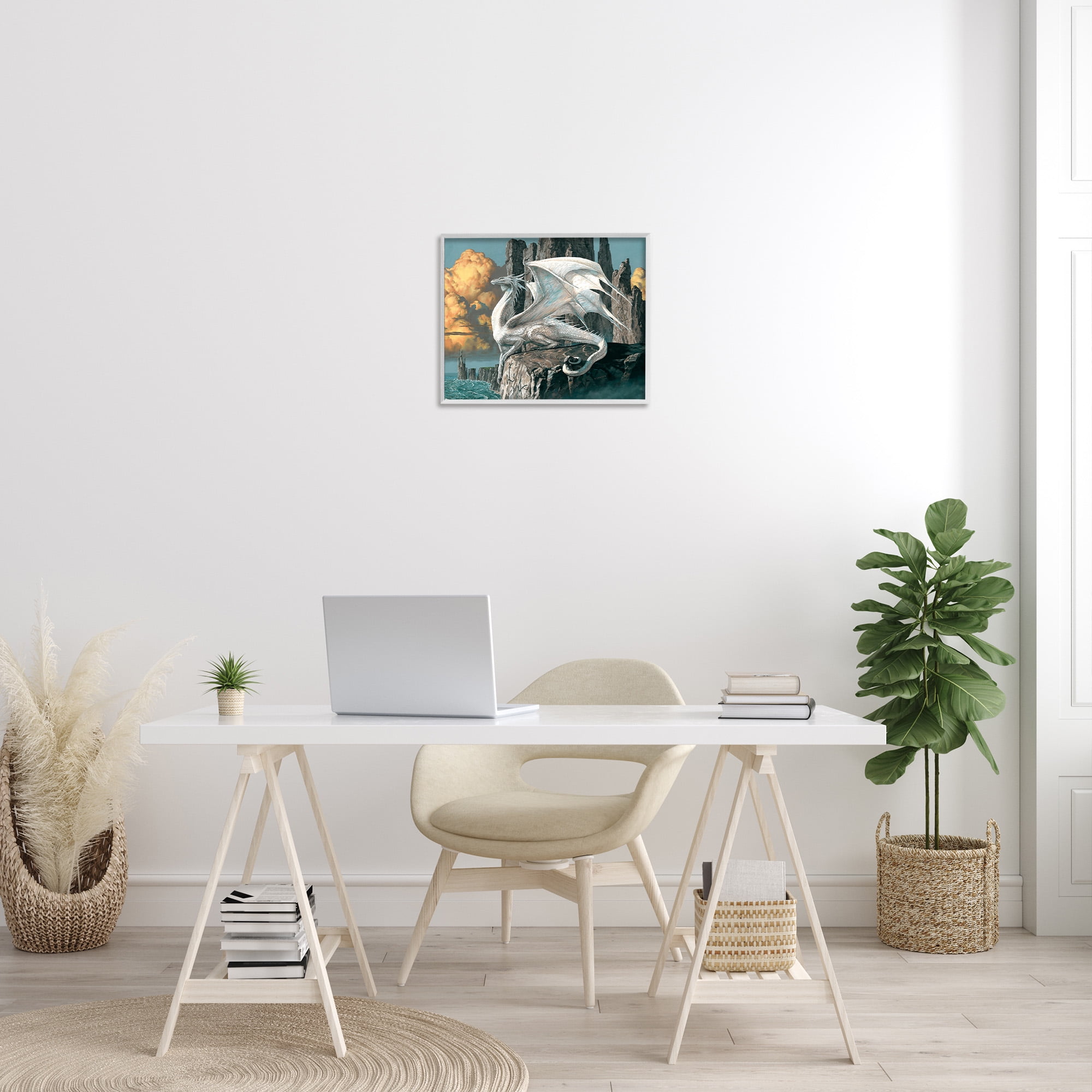 Stupell Industries Dragon Perched on Cliff Fairy Tales & Fantasy Painting White Framed Art Print Wall Art, 20 x 16