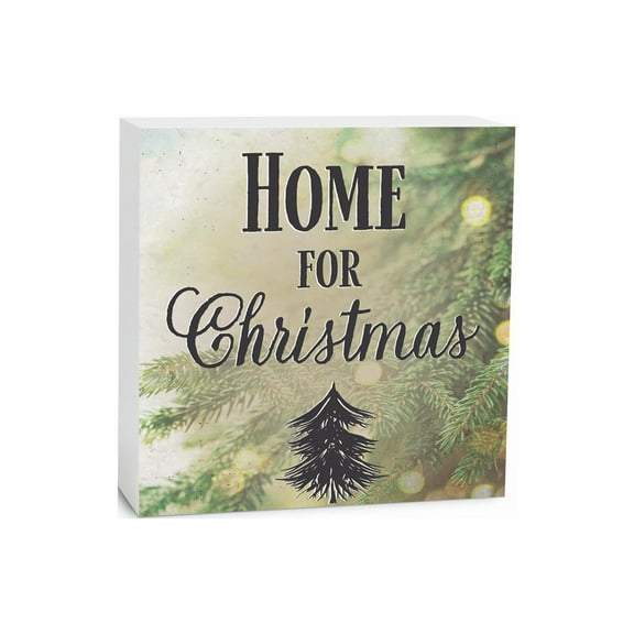 Home For Holidays Soft Green Pine Bough 5 x 5 Wood Tabletop Sign Plaque