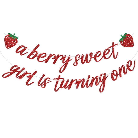 Red Glitter A Berry Sweet Girl is Turning One Banner, Berry 1st Birthday/Strawberry One, Strawberry Themed Baby's 1st Birthday Party Decorations Supplies
