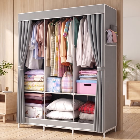 HONEIER 50" Closet Organizers, Storage Closet 6 Storage Spaces with 3 Hanging Area, Steel Frame Fabric Portable Closet, Easy Assembly And Dust Resistant, Grey