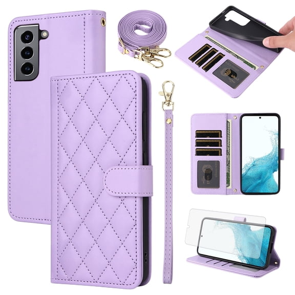 Furiet Argyle Wallet Case for Samsung Galaxy S22 5G with Tempered Glass Screen Protector Wrist Strap Shoulder Strap, Card Slots Folio Purse Stand Phone Cover for S 22 22S 4G G5 6.1 inch Women Purple