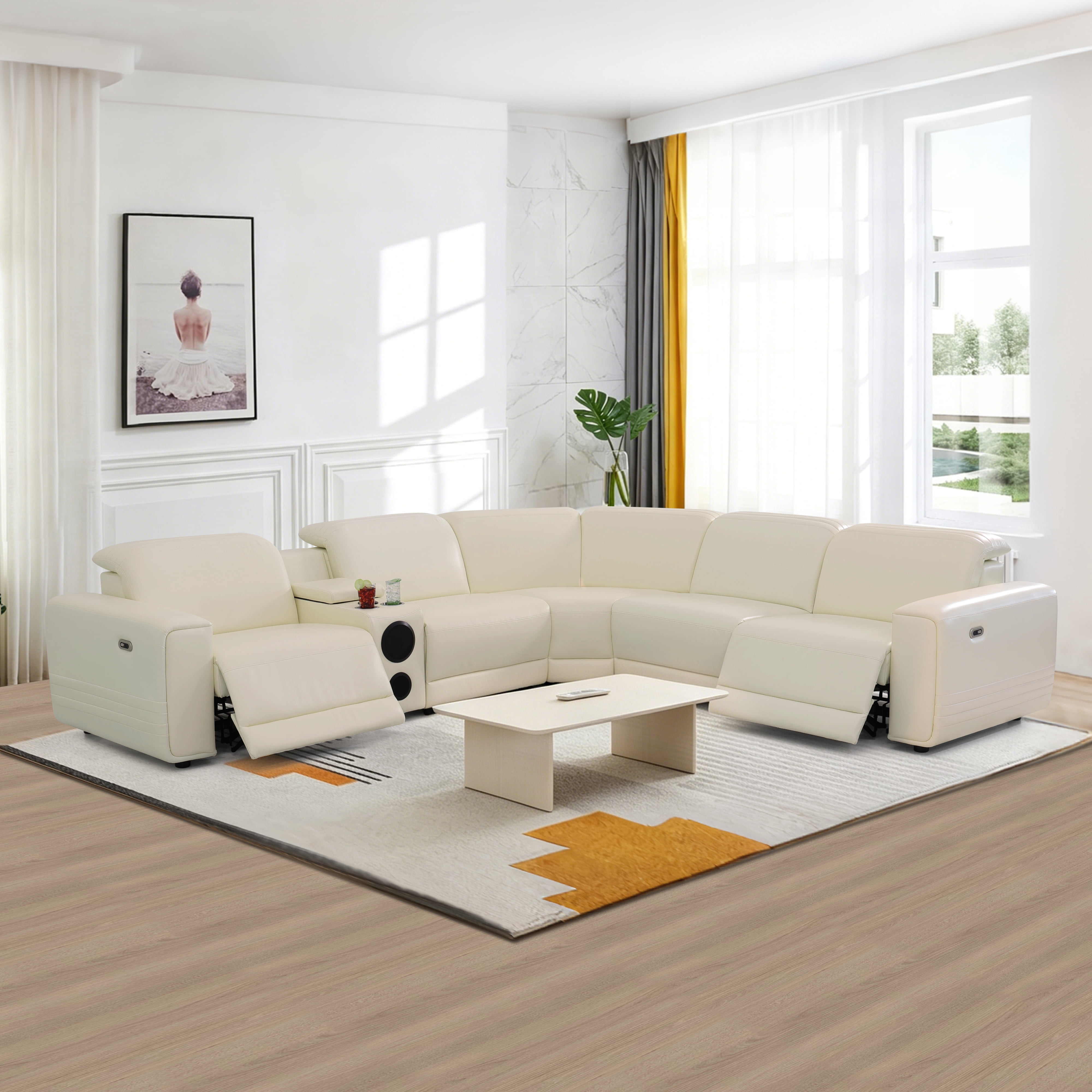 Gewnee Luxury Oversized Reclining Corner Sectional Couch, Power Recliner, Air Leather, Bluetooth Speakers, USB & Type‑C Charging, Cup Holders, Storage, for Living Room Home Theater, Off-White