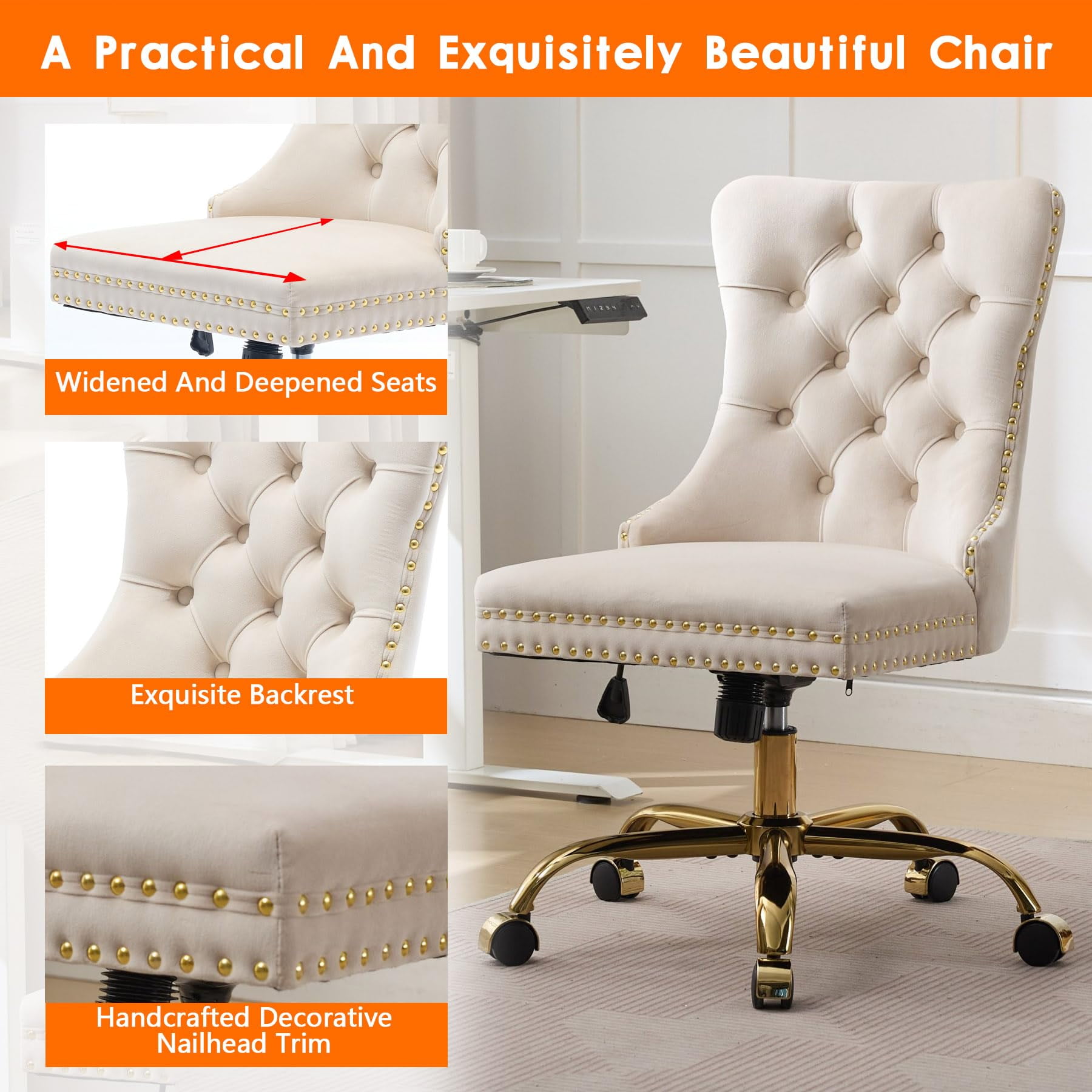 Pawverly Velvet Upholstered Office Chair, Tufted Button Swivel Desk Chair with Adjustable Height, Gold Metal Base & Wheels, Modern Vanity Chair, Beige