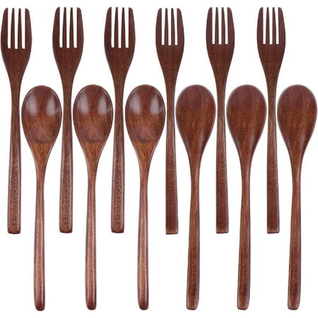 

12 Pieces Wooden Spoons Forks Set Kitchen Tableware Reusable Eco-Friendly Natural Wood Dinnerware Utensil Wooden Fork Practical Japanese Wood Cutlery for Cooking Stirring Eating