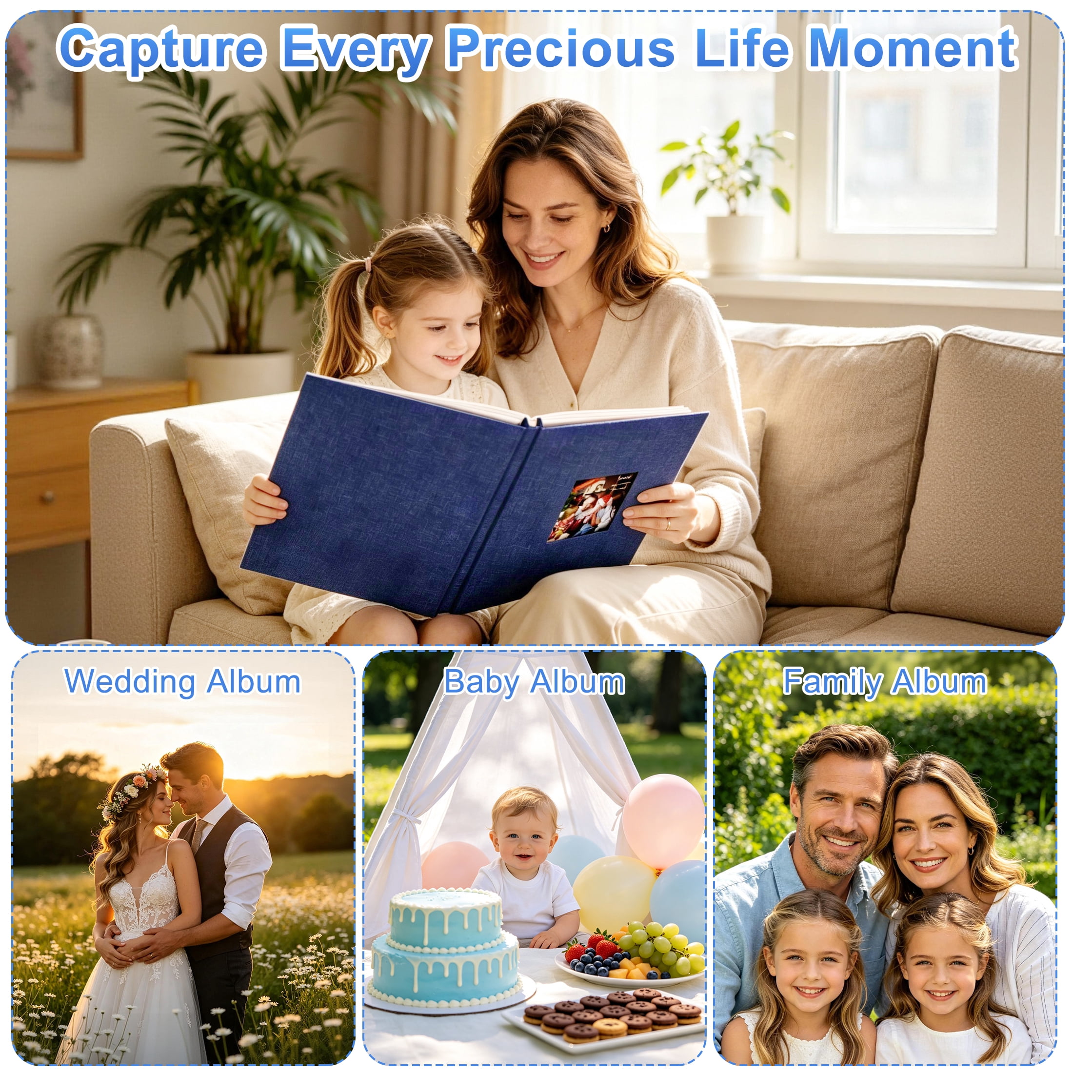 Photo Album Self Adhesive for 4x6 5x7 8x10, DIY Picture Scrapbook, 20 Sheets/40 Pages Linen Cover with Display Window, Scrapbook Album for Moms, Families, Weddings, Blue