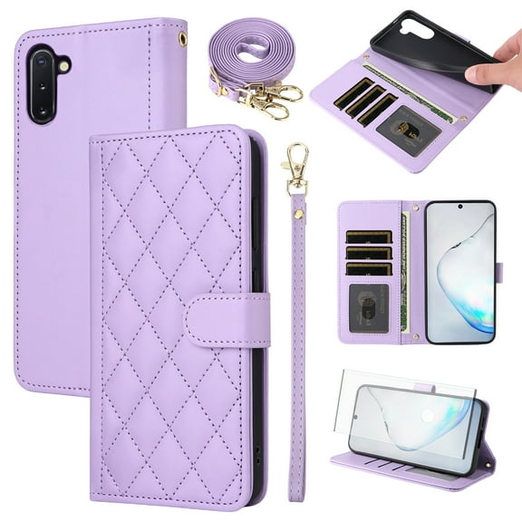 Furiet Argyle Wallet Case for Samsung Galaxy Note 10 5G with Tempered Glass Screen Protector Wrist Strap Shoulder Strap, Card Slot PU Leather Stand Phone Cover for Note10 Notes 10s Ten Not S10 Purple