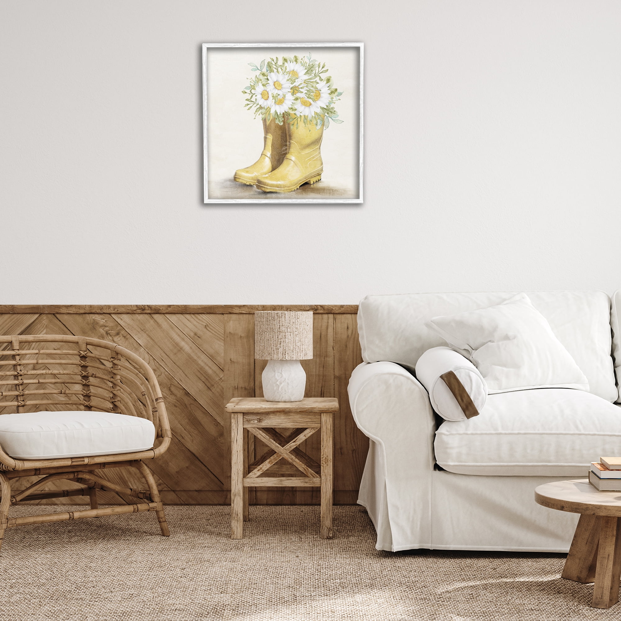 Stupell Industries Sunny Daisy Boots Botanical & Floral Painting White Framed Art Print Wall Art, 24 x 24