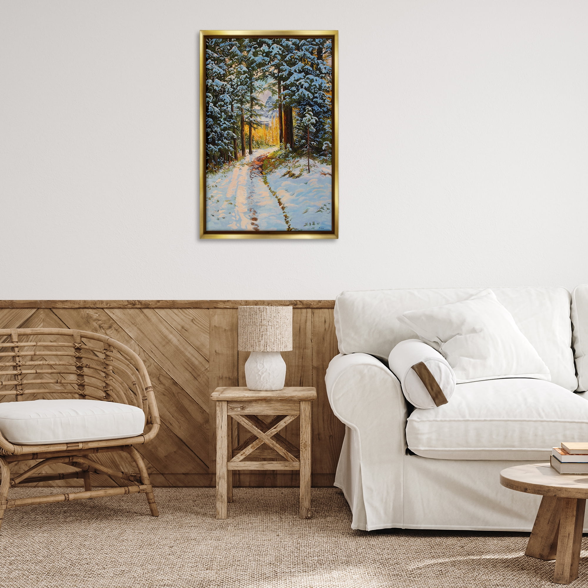 Stupell Industries Snowy Forest Trail Landscape & Nature Painting Gold Floater Framed Canvas Art Print Wall Art, 21 x 31