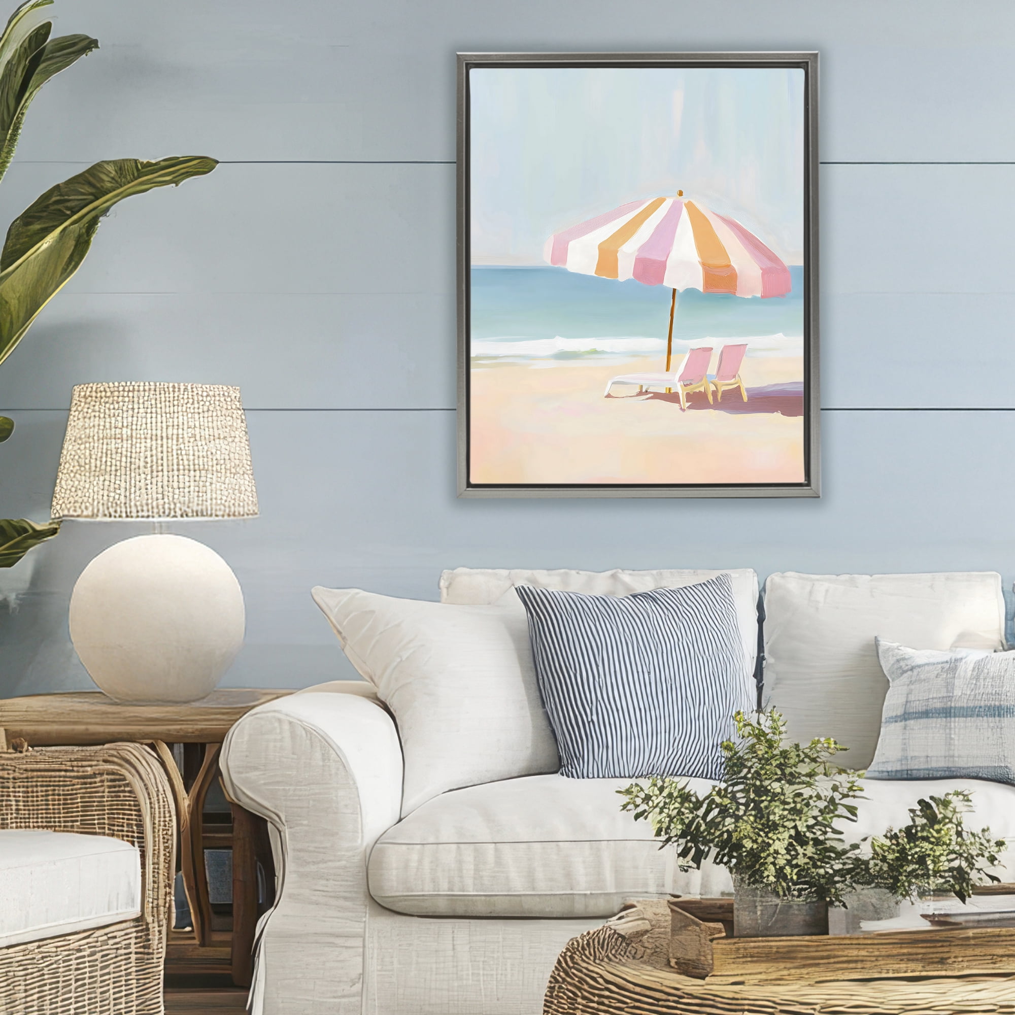 Stupell Industries Striped Umbrella & Chairs Gray Framed Floater Canvas Wall Art, design by The Prints Vibe