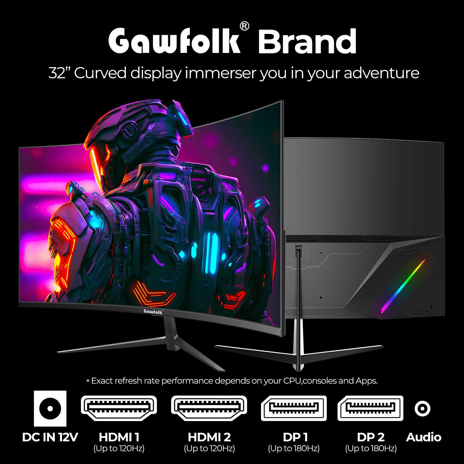 Gawfolk Curved Gaming Monitor 32 inch 2K 180Hz Frameless