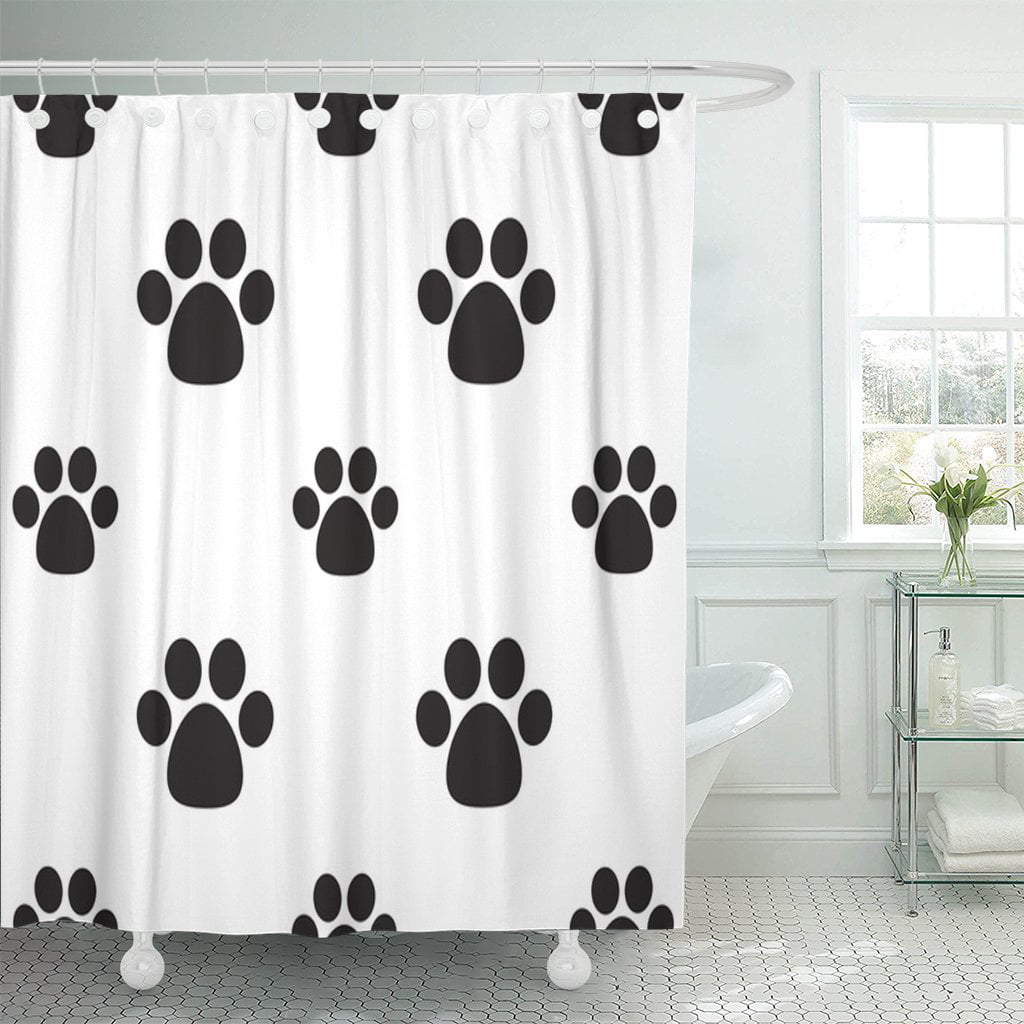 Black & White Dog Paw Print Shower Curtain Polyester Fabric Bathroom Accessories 