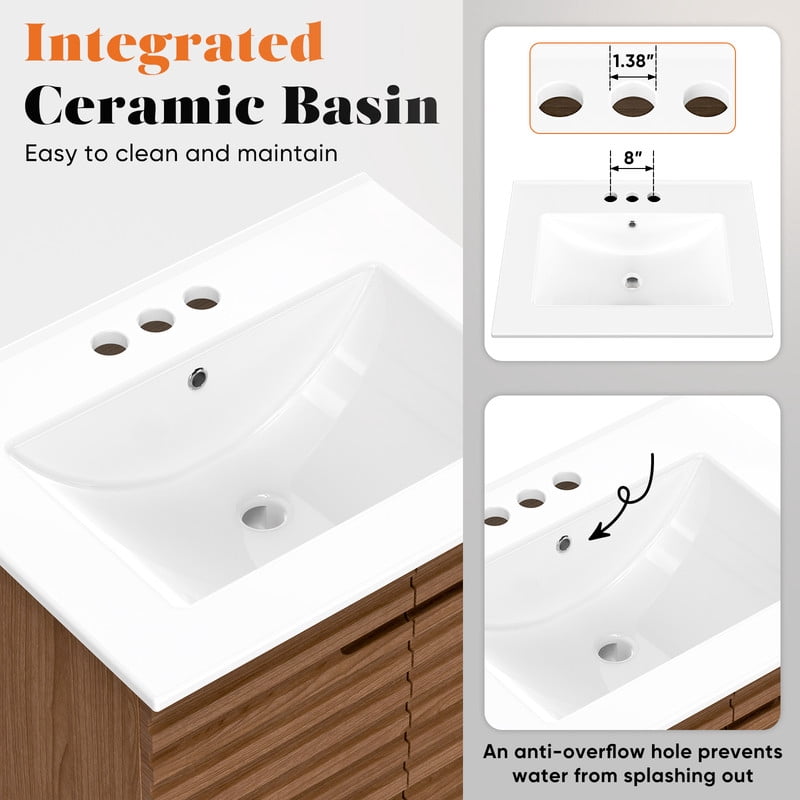 Gianna 24" Modern Bathroom Vanity with Ceramic Basin, Undermount Vanity Sink Cabinet with 2 Doors and 1 Drawer, Free Standing Bathroom Storage Cabinet with Sink Combo Set, Rustic