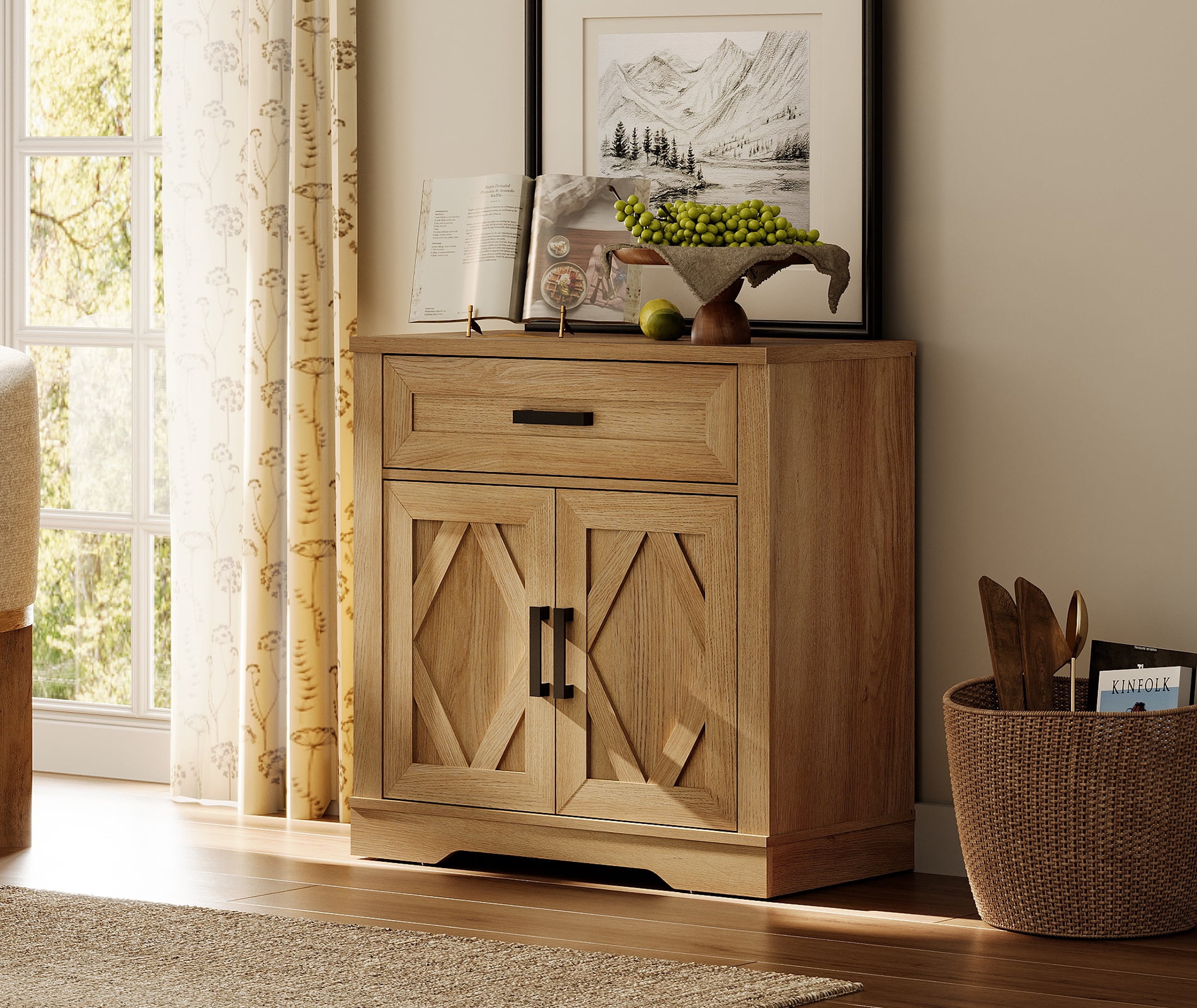 WAMPAT 31.5"W Farmhouse Buffet Sideboard with Barn Doors, Drawer & Storage, Light Oak