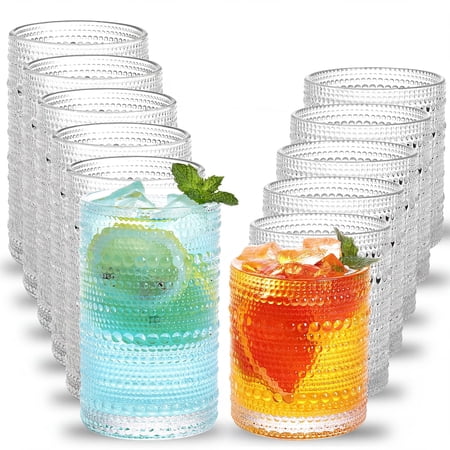 Hobnail Drinking Glasses Set of 12, 12 Oz Highball Glasses & 10 Oz Cocktail Glasses, Clear Embossed Boho Glass Cups Kitchen Bar Tumbler Glassware Set for Whiskey, Beer, Juice, Milk