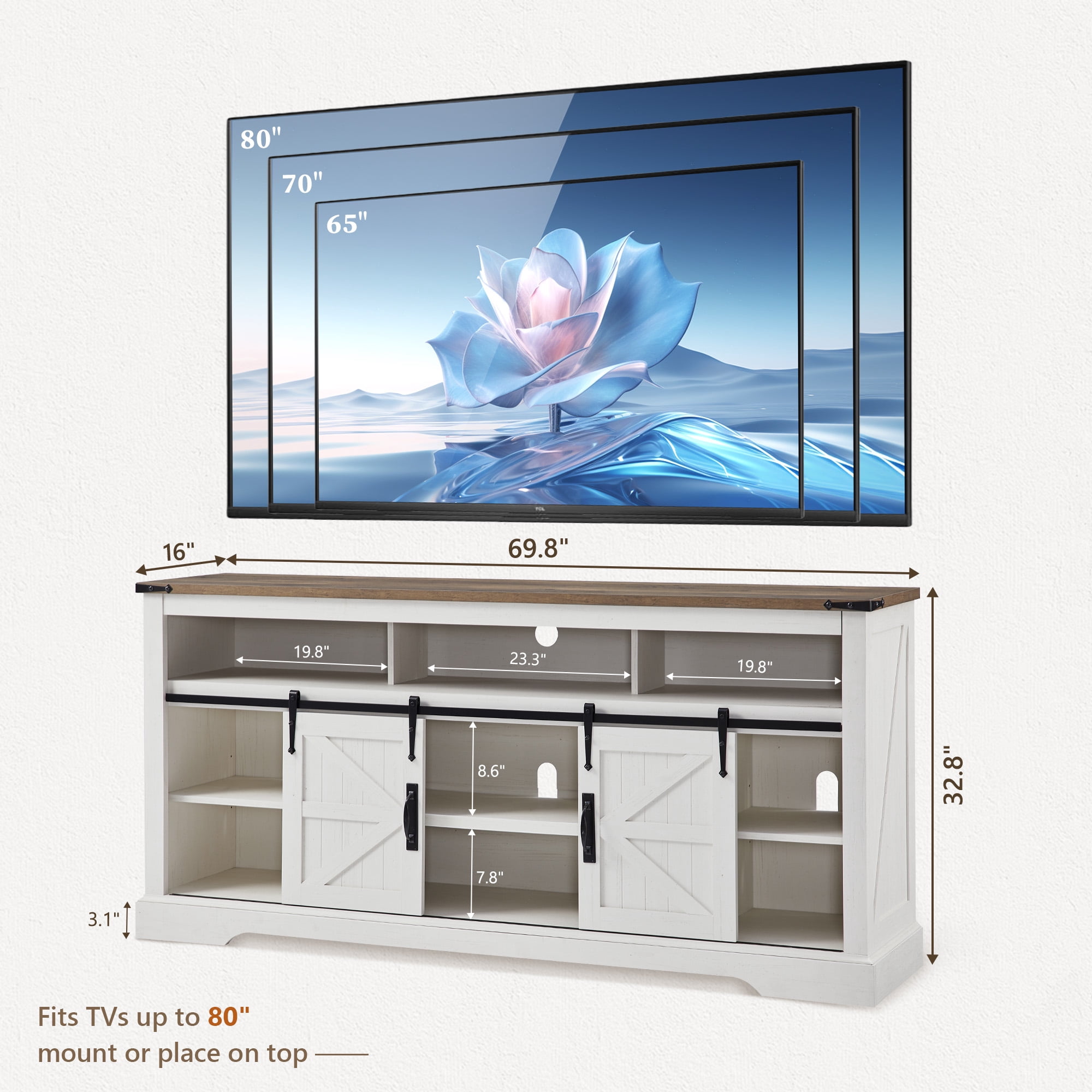 KeyWhat Farmhouse TV Stand for TVs Up to 80", 9 Storage Compartments, Sliding Barn Doors