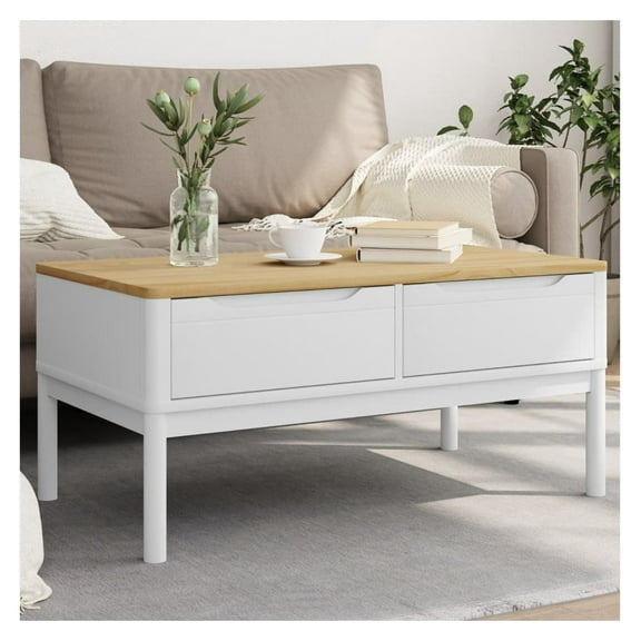 Coffee Table FLORO White 39"x21.9"x17.7" Solid Pine Wood - Modern Living Room Table with Drawers, Rustic Style