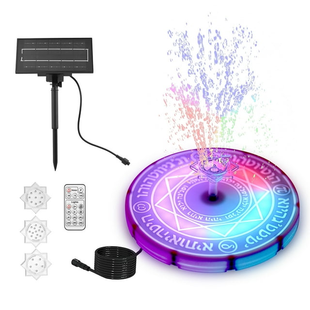Solar Fountain Pump with RGB Light 6W Solar Water Fountain Built-in 3600mAh Battery Folating Water Fountain Adjustable Spray Volume 6 Lighting Modes with Remote Control Solar Panel 3 Nozzles for Bird