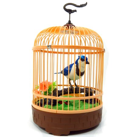Singing & Chirping Bird In Cage, Realistic Sounds & Movements , Sound Activated and Battery Operated Sing Bird on a Tree Branch, Great Desk and Room Accessory Decoration Children Toys Gift (Blue)