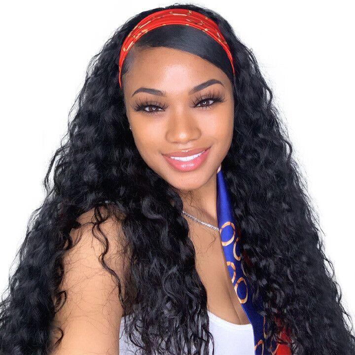 Headband Wig Human Hair Deep Wave None Lace Front Wigs Glueless Machine  Made Headband Wigs For Black Women 150% Density Deep Wave Wigs Natural  Color 20inch 