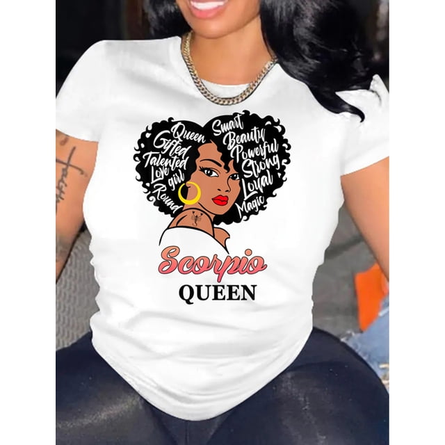 Cartoon Woman Print T-Shirt, Casual Short Sleeve Top For Spring & Summer, Women's Clothing