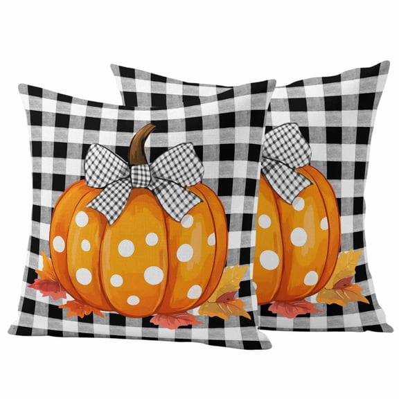 Fall Thanksgiving Pumpkins Outdoor Waterproof Pillow Covers, Autumn Maple Vintage Bow Plaid Decorative Square Throw Pillowcase Sofa Cushion Sham for Patio/Couch/Chair, 26"x26" 2 Pack