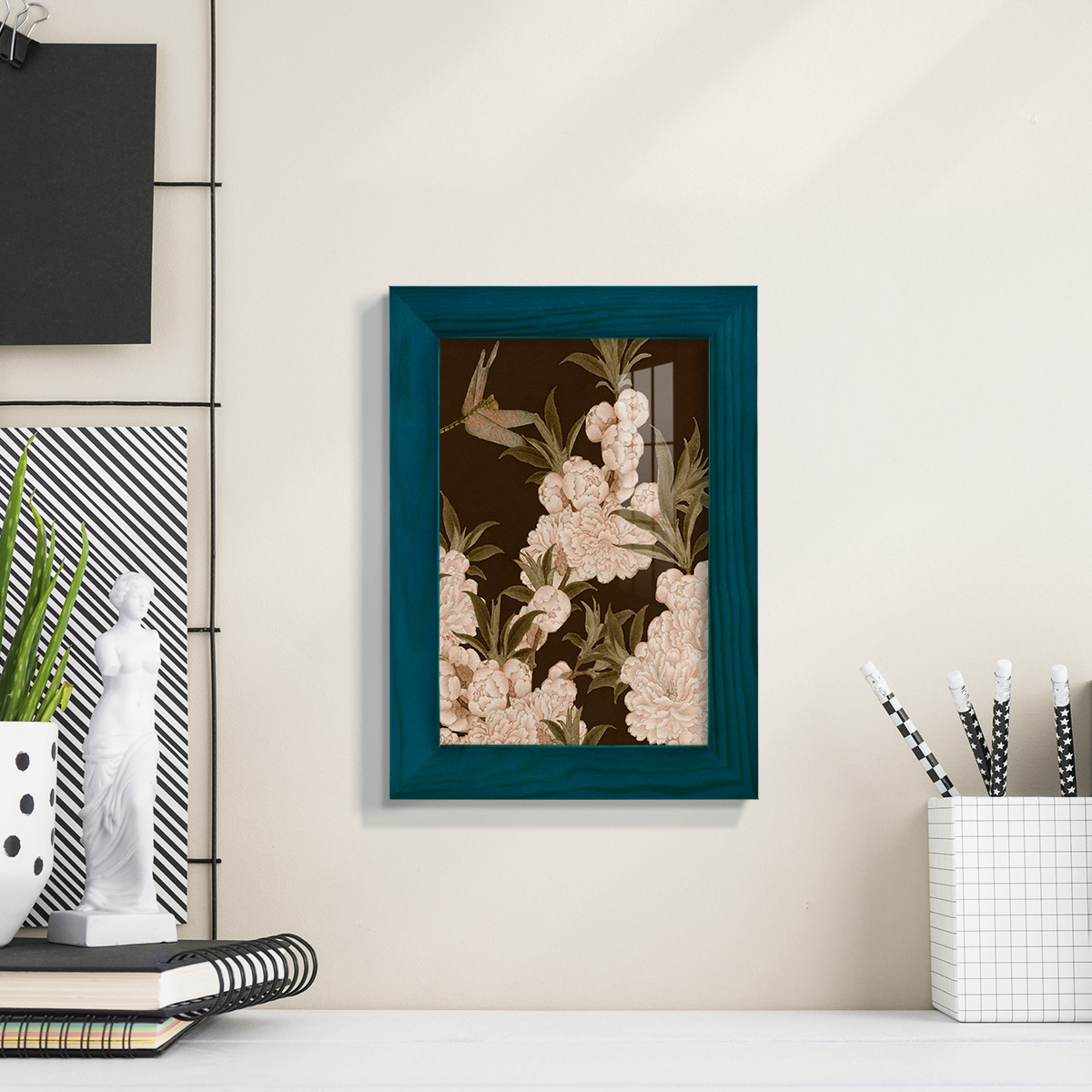 Asian Brocade III - Framed Print w/glass - Ocean Blue