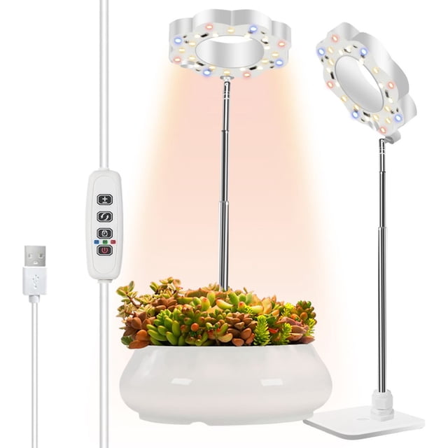 Luces de cultivo para plantas pequeñas de interior, luz de planta de espectro completo de 48 LED blanco cálido, altura ajustable con adaptador de 5 V 2 A, temporizador de 3/9/12 H, 3 modos