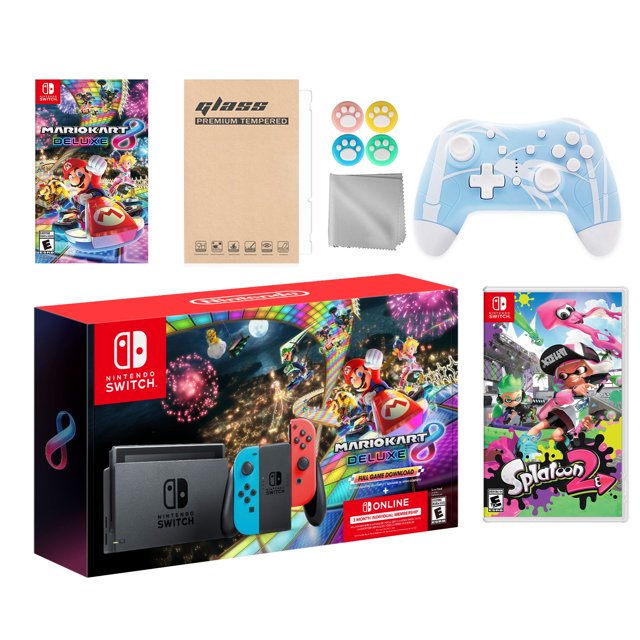 Nintendo Switch Mario Kart 8 Deluxe Bundle: Red/Blue Console, Mario Kart 8 & Membership, Splatoon 2, Mytrix Wireless Pro Controller Blue Bamboo and Accessories