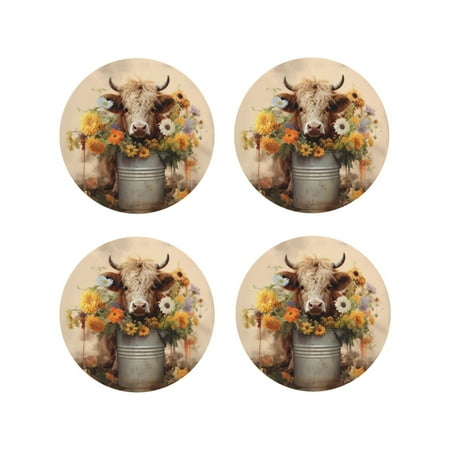 

Leather Coasters Set of 4 - Bucket Flower Cow Lightweight Non-Slip Drink Coasters for Desk Anti-Scalding Desk Cup Coasters for Office Table Decor Round Shape