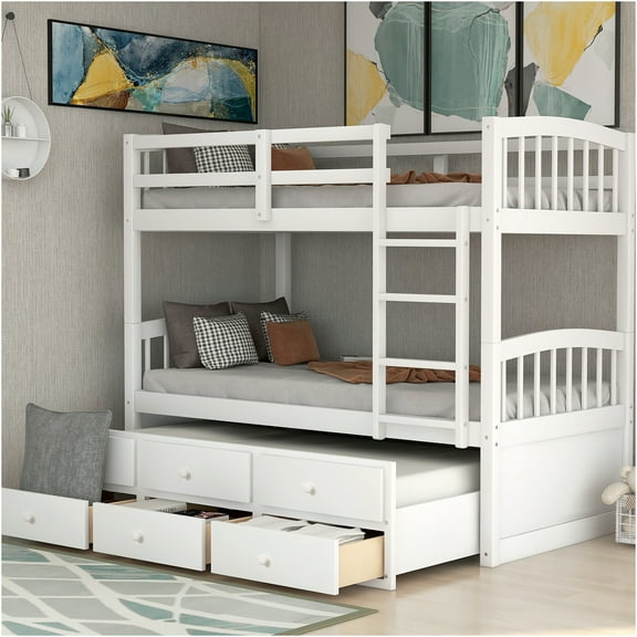 JERFIT White Twin Bunk Bed with Trundle and 3 Drawers, Solid Wood Loft Bed with Safety Rail & Ladder, Space-Saving Bedroom Furniture for Guest Room