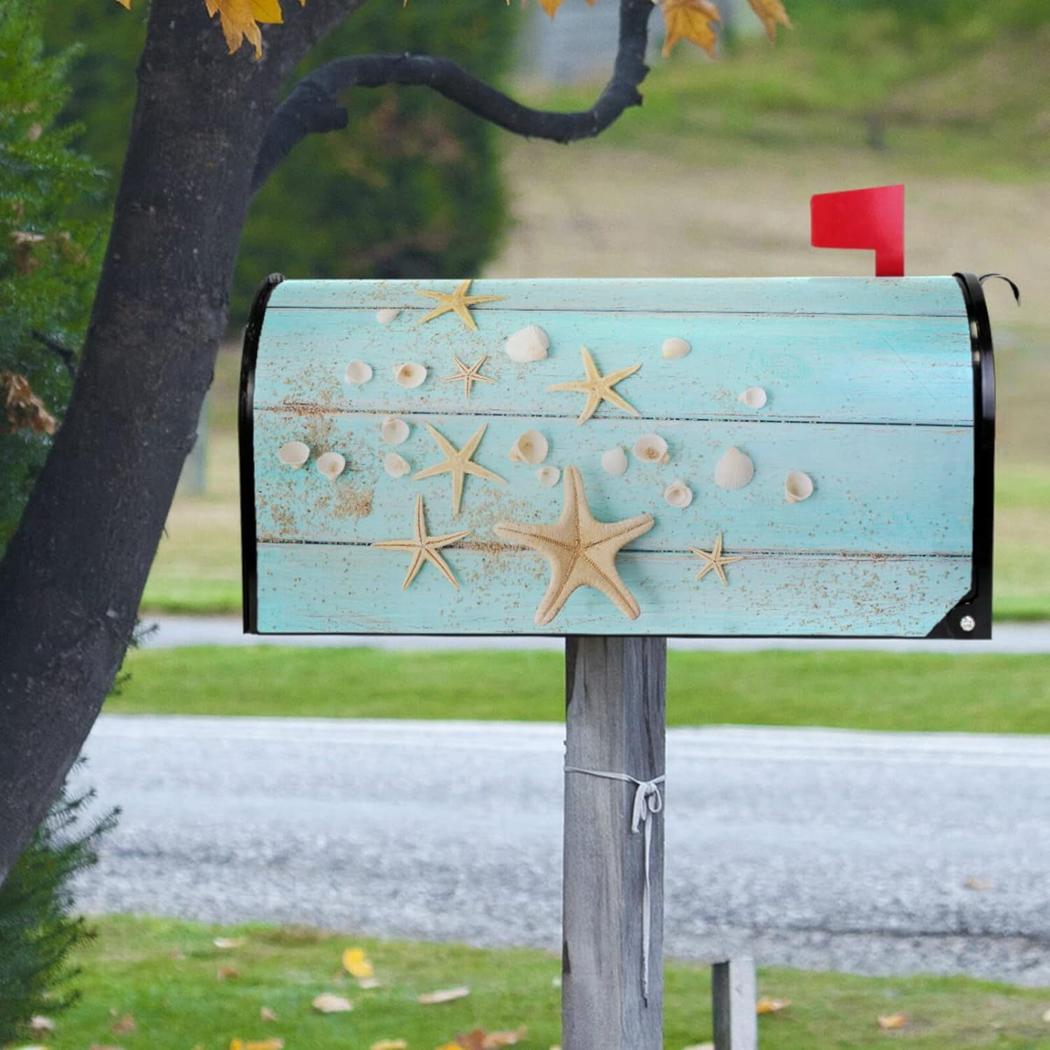 Hello Summer Starfishs Mailbox Cover Blue Wooden Shells Mailbox Covers Magnetic Large Size 25.5" X 21" Mailbox Wraps Post Letter Box Cover Garden Decorations