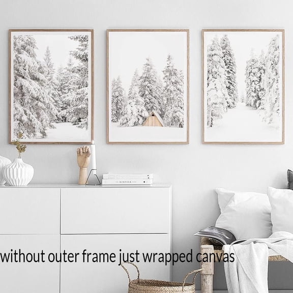 3 Pieces Winter Snowy Forest Prints Snow Covered Pine Trees Prints Posters Wall Art Canvas Painting for Artwork Bedroom Home Christmas Decor with Inner Frame