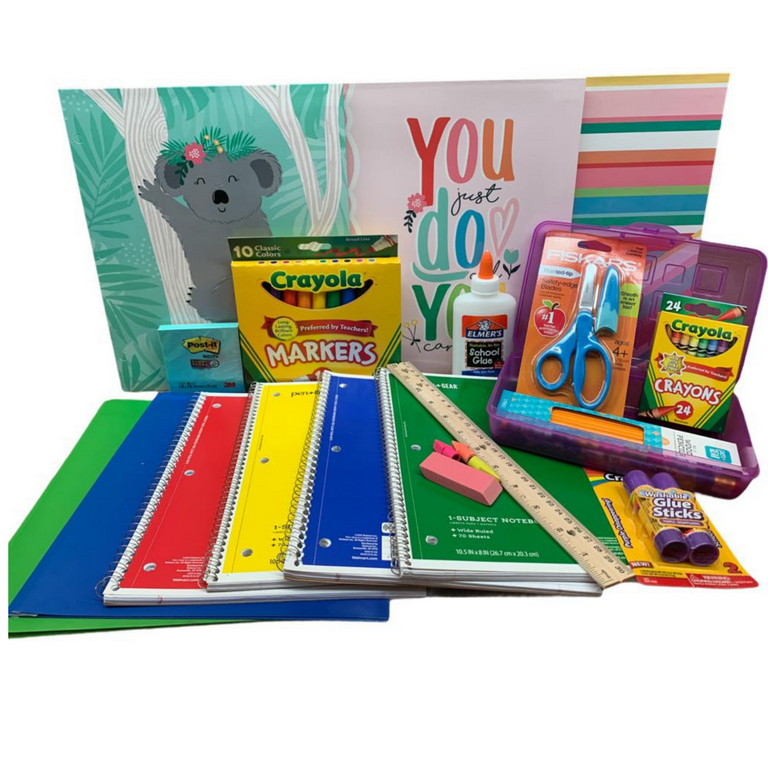 Elementary School Essentials Back to School Supplies Kit Bundle- Grades 1-4 Folders Notebooks Pencils Glue Sticks Markers Ruler Scissors Erasers Fun (