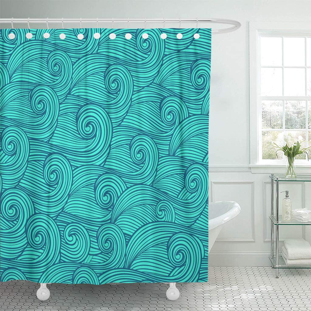 KSADK Blue Retro Abstract Ocean Waves Vintage Beautiful Creative Curly Curve Doodle Shower