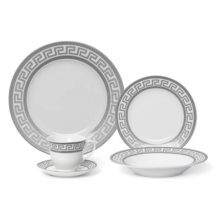 Lace Platinum Dinner - Royalty Porcelain Famous Vintage Platinum Greek 20-pc 'Silver Greek' Dinner Set for 4, Premium Bone China