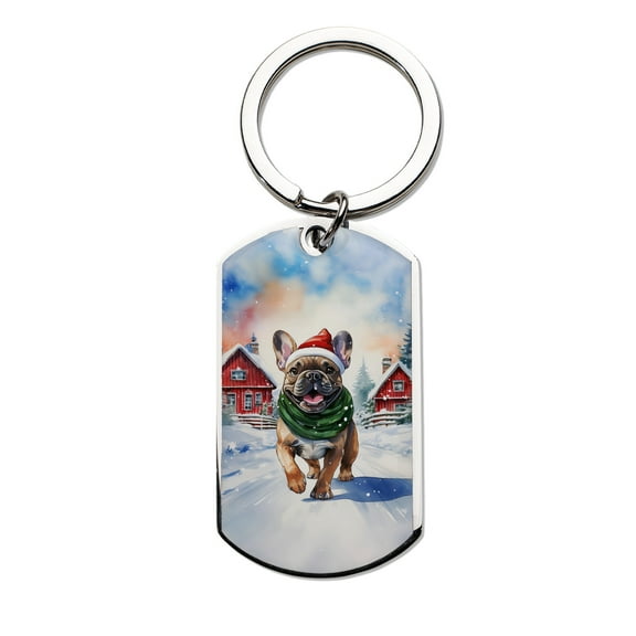 Hello Winter French Bulldog Frosty Morning Walk Welcome Snowy Christmas Stainless Steel Keychain Dog Lover Gifts Collar Charm Tag Keyring - 02018