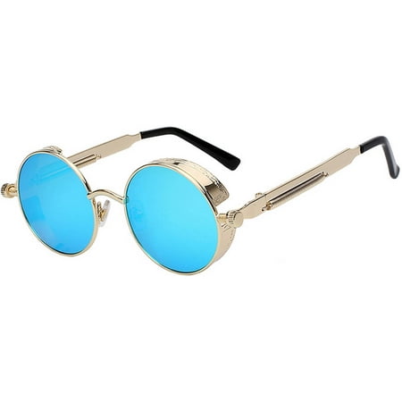 Steampunk Retro Gothic Vintage Gold Metal Round Circle Frame Sunglasses Blue (Best Circle Lenses Site)