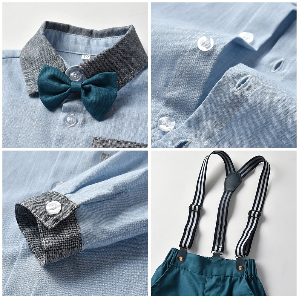 IDOPIP Toddler Kids Baby Boys Gentleman Outfit Striped Shirt with Bowtie + Long Suspender Pants Overalls Clothes Wedding Baptism Formal Suit