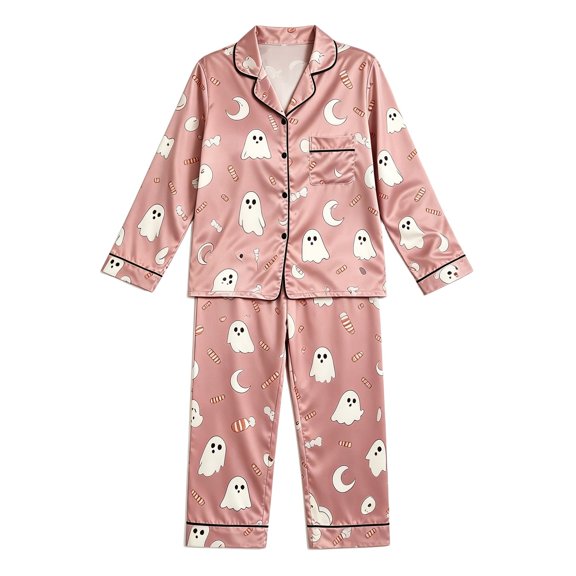 JIAYUE Girl Kids Pajamas Set Two Piece Halloween Style Print Spring Autumn With Casual Home Wear Notched Collar Long Sleeve With Buttons Satin Tops Bottoms Sleepwear Comfort Home Loungewear,2-3 Years