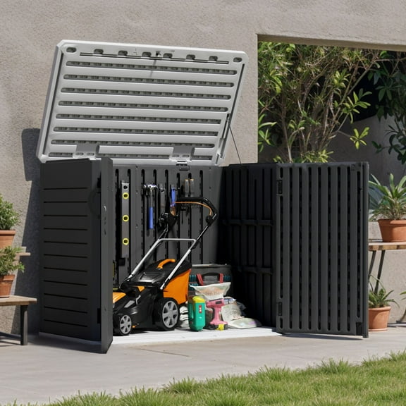 Dextrus 35 Cu ft Outdoor Horizontal Storage Shed with x-Shaped Lockable Door, Weather Resistant Resin Tool Shed