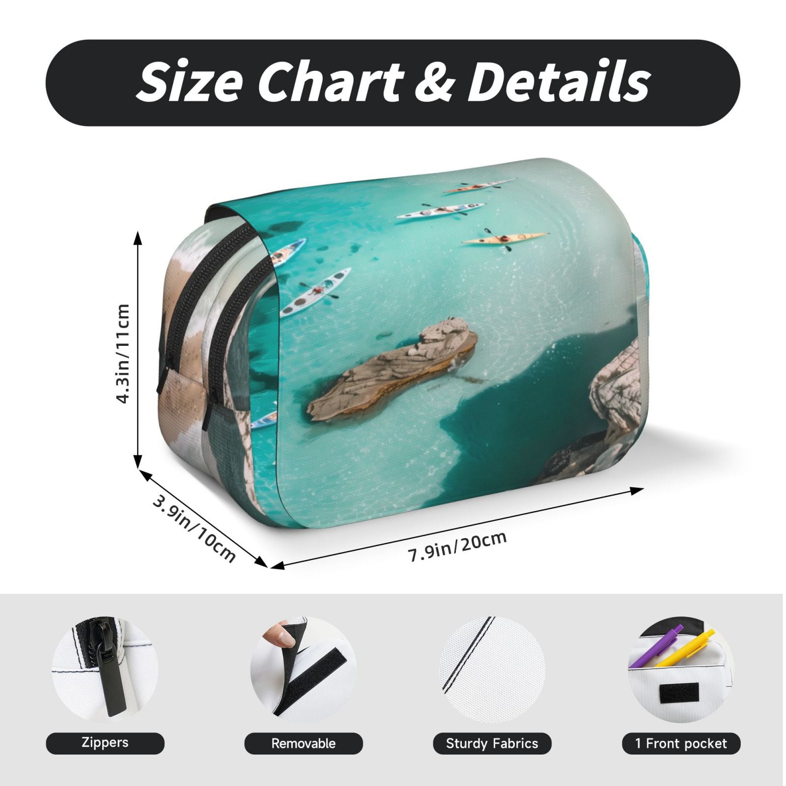 Rateoe Turquoise Beach Kayaking Pattern Double Clamshell Pen Case, Storage Organizer with Two Zipper Compartments– Holds Up to 50 Pencils & Pens