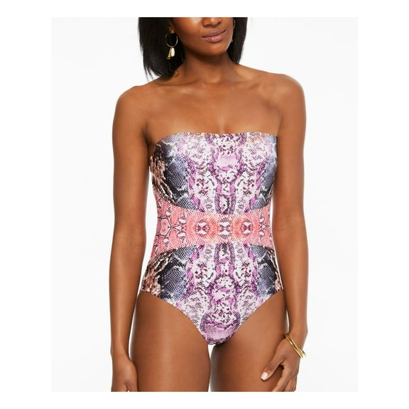BAR III Women's Multi Color Printed Removable Straps Lined Mixed Messages Bandeau One Piece Swimsuit S