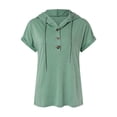 thumbnail image 4 of Tiweut Blouses Women Tops Short Sleeve Summer Loose Fit Solid Color Drawstring V Neck Button Hoodie Lady Tees Green, 4 of 6