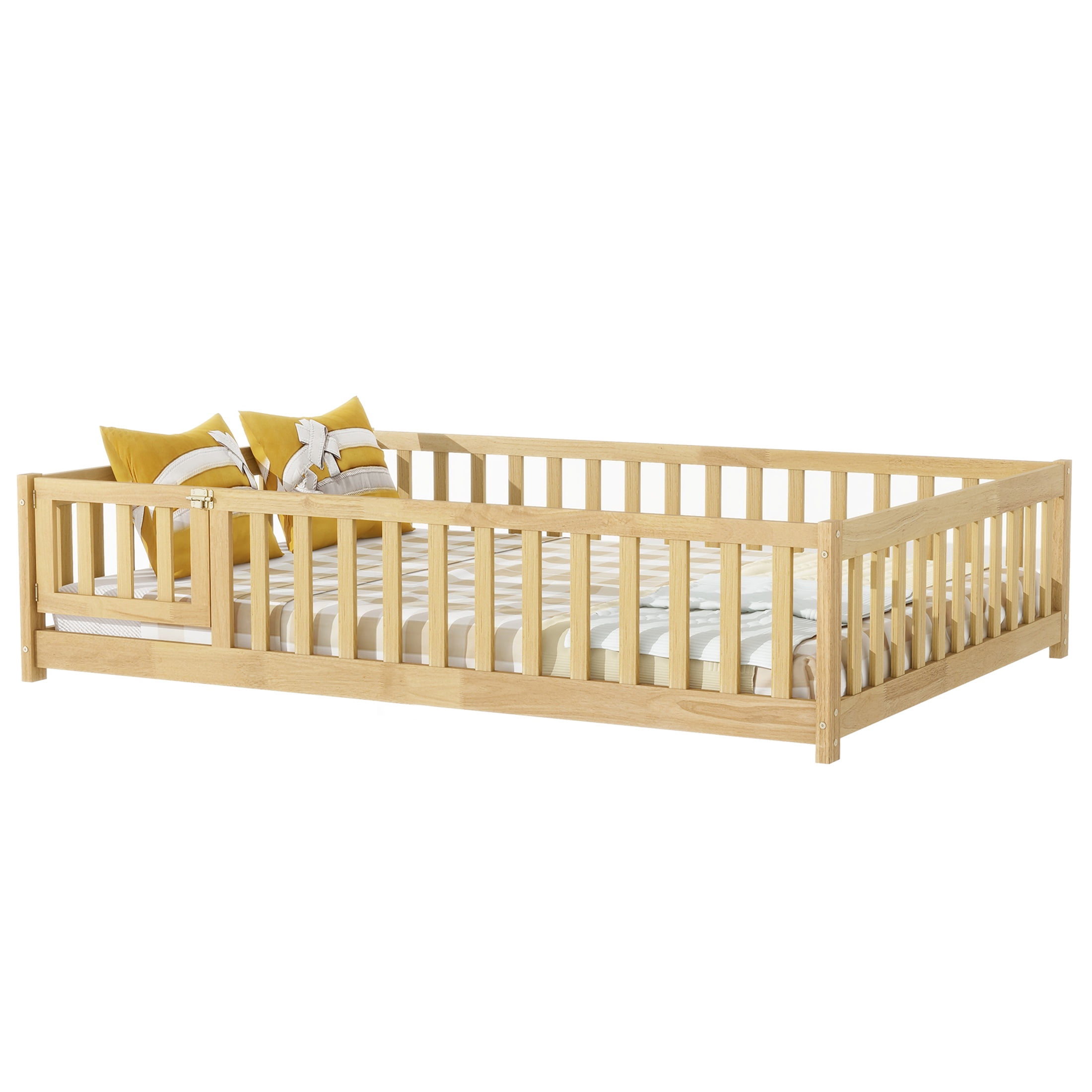 Sesslife Twin Size Floor Bed with Door and Fence, Wood Floor Platform Bed with Slats, Toddler Bed for Kids Boys Girls, Montessori Bed, No Box Spring Needed, Natural
