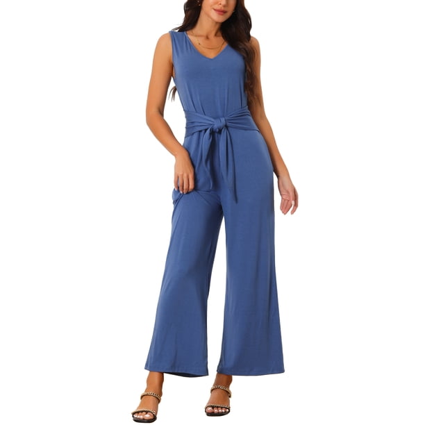 INSPIRAR CHIC Mono sin mangas para mujer con cintura ajustable, elástico, pantalón largo, con bolsillos, M, azul
