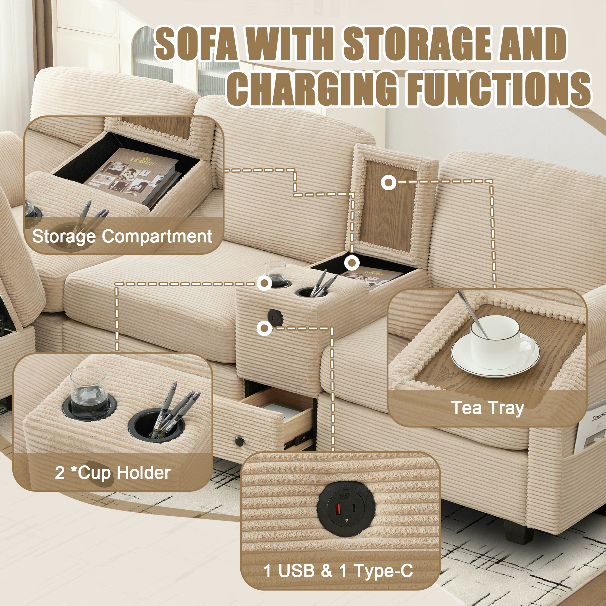 MOONMISS Corduroy Upholstered L-Shaped 4-seater Storage Multifunctional Sectional Sofa with Storage Ottoman-Khaki