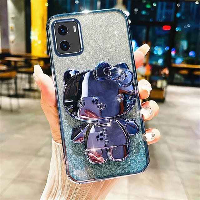3D Plating Hello Kitty Makeup Mirror Bracket Case For iPhone 15 14 13 12 Mini 11 Pro Max XR XS MAX X 8 7 6 6S PIus SE 2020 Cover RJ