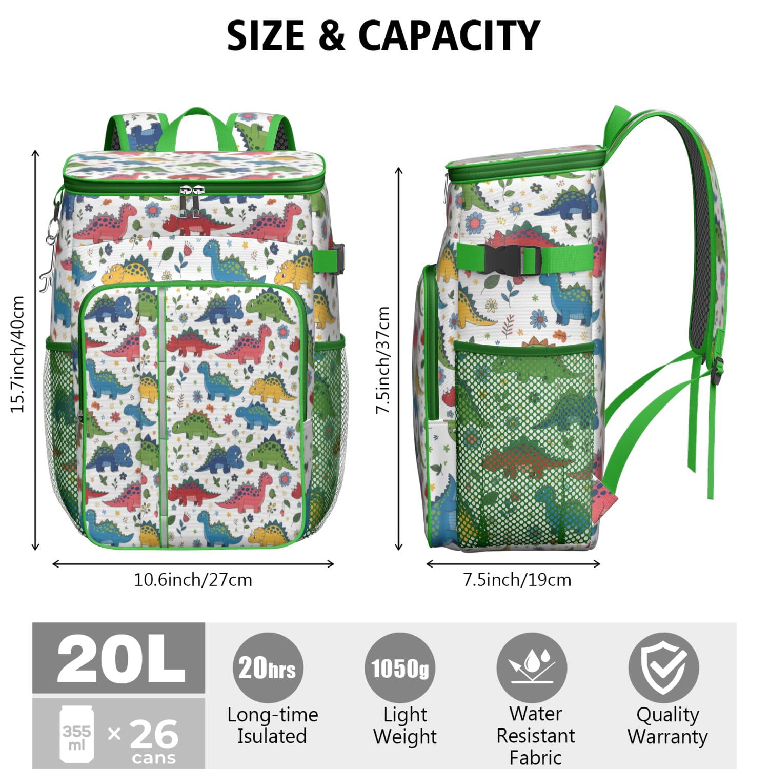 Travel Cooler Bag - White Cartoon Dinosaurs Flowers Pattern Camping Beer Cooler Backpack with Bottle Opener- Waterproof Insulated Picnic Backpacks - Cooler Bag for Beach